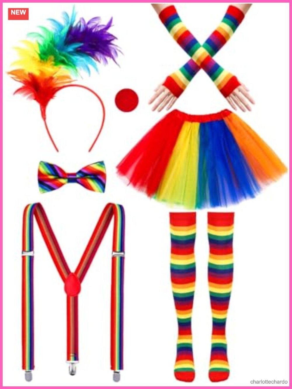 7Pc Clown Costume Set Feather Headband Suspenders Tutu Bow Tie Adult